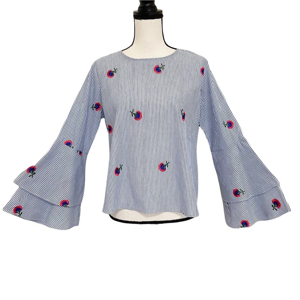 Emma & Olivia Nautical Stripe Floral Embroidery Bell Sleeve Red White Blue Small